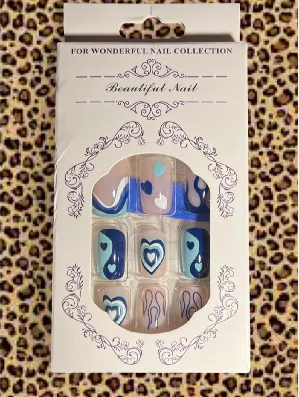 Blue heart and flame press on nails